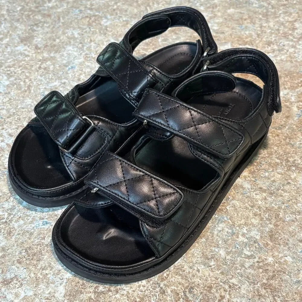 Tony Bianco Hiranni Black Sheep Nappa Leather Quilted Dad Sandals Size 38